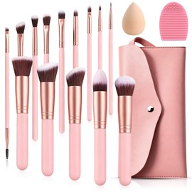 Salandens 16 Piezas Brochas de Maquillaje con Estuche, Kit de Brochas Sintéticas Prémium para Sombras de Ojos, Aplicador de Rubor y Maquillaje en Polvo, Rosa