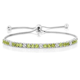 Gem Stone King 925 Sterling Silver Green Peridot & White Diamond Tennis Bracelet For Women | 2.05 Cttw | Gemstone Birthstone | Fully Adjustable Up to 9 Inch