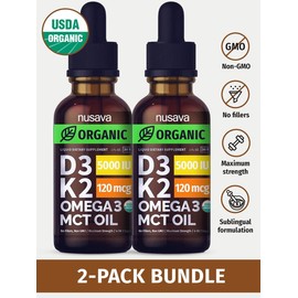 (2-PACK) Organic Vitamin D3K2 Supplement Drops with MCT Oil Omega 3, Liquid Vitamin D3 for Healthcare & Body Defenses - Non-GMO, No Fillers, 2 Fl Oz:_Unflavored