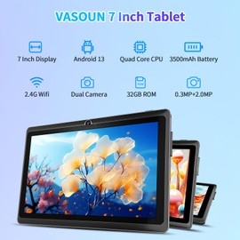 VASOUN 7 inchTablet, Android 13 with 32GB ROM, Tablet PC with Quad Core Processor, GMS Certified WiFi Dual Camera, Portable Tablets with Case