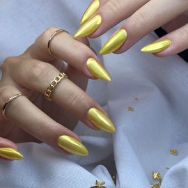 SXVME Glitter Gold Press On Nails Medium Almond Shaped - 30 Pcs Cat Eye Fake Nails Acrylic Press ons Stiletto, Natural Fit, Opaque Chrome Gel Nails Stick on, Soft Gel Glue on Nails for Women, No Glue