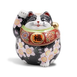 Fukubeya Kutani Ware Maneki Neko No. 4 Lucky Maneki Neko Black Cherry Blossoms Right Hand Raise Lucky Lucky Lucky Traditional Crafts Gift (Black)