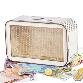 LOVLEY 3000 Euro Money Box with Wooden Counter - White Piggy Bank with Pig Pattern for Adults - Gift Idea & Decoration