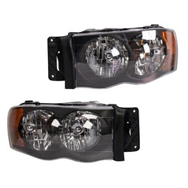 TRQ 2 Piece Headlight Assembly Set Halogen Black Bezel Driver & Passenger Side Compatible with Dodge Ram 1500 Ram 2500 Ram 3500 2002-2005 CH2502135 CH2503135