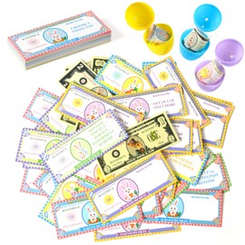 JULEASEL 100 Pcs Easter Egg Fillers-Bunny Money Coupons, Paper Easter Reward Tokens, Easter Prizes Basket Stuffers, 60 Redeemable Coupons+30 Blank DIY Coupons+10 Bunny Dollars, for Easter Activities
