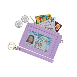 Wikavanli Women Slim RFID Blocking Credit Card Case Holder Wristlet Zip Id Case Wallet Small Compact Leather Wallet Coin Purse with Keychain (Light Purple)