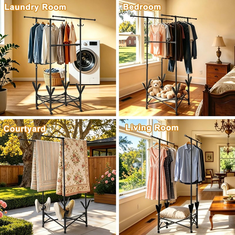 Portable Foldable Clothes Drying Rack - Adjustable Double Extendable Rods