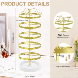 FODIENS 5 Tiers Rotating Earring Holder Organizer, Adjustable Metal Earring Display Stand with Wooden Tray, 220 Holes Earring Tree Storage Tower Rack for Women Girls (Gold)