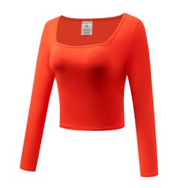 OThread & Co. Women's Long Sleeve Square Neck Crop Top Basic Comfy Stretch Tee (Large, Orange)