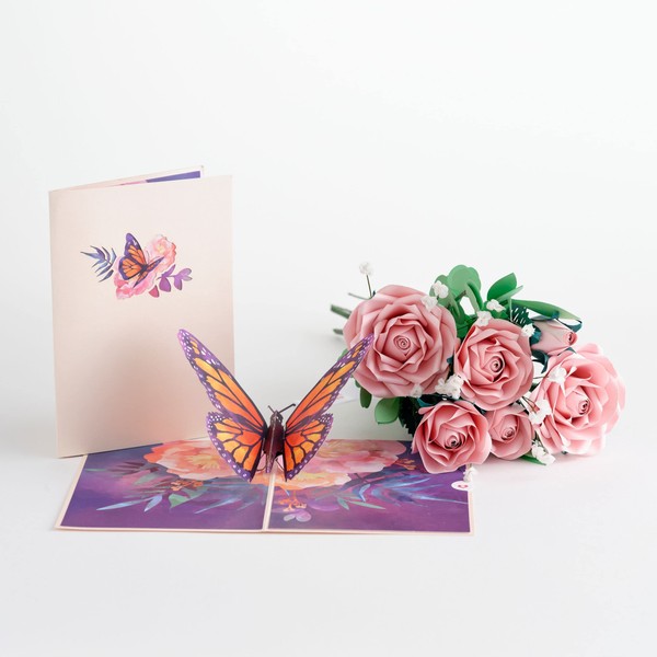 Lovepop Handcrafted Paper Flowers: Pink and Purple Roses (6 Stems) with Monarch Butterfly Pop-Up Card - Unique 3D Floral Bouquet with Greeting Card