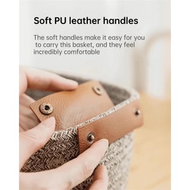 MICITHYS Cotton Woven Storage Basket Leather Handle Fenugreek Grass Organizer Bins Household Desktop Storage Box for Toys, Snacks,Towels, Books,Sundry,Cosmetics Storage Box