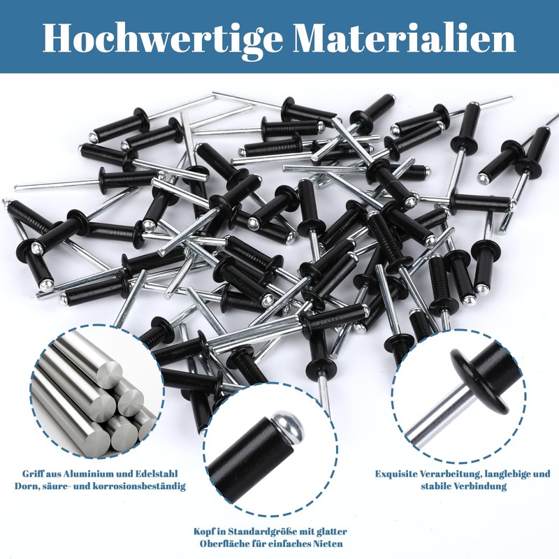 60-Piece Black Rivet Set, Blind Rivets Set Made of Aluminium/Steel,