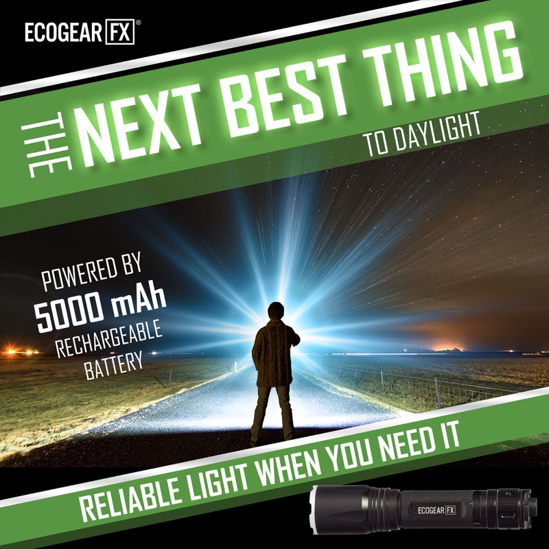 EcoGear FX USB Rechargeable LED Tactical Flashligh Bright 2000 Lumens