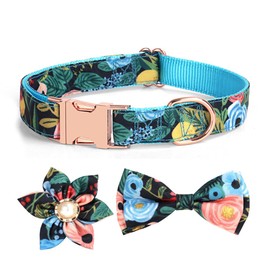YSHOME&PET Dog Collar with Flower Bow Tie, Floral Adjustable Dog Collar with Detachable Bow tie and Metal Buckle D-Ring, Stylish and Comfortable Pet Collars for Cats Small Medium Large Dogs