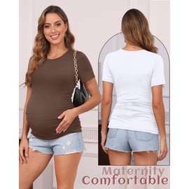 Huukeay 4 Pack Women's Maternity Shirts, Crew Neck Maternity Top Short Sleeve Casual Cotton Tee Side Ruched Pregnancy Clothes(Black, Khaki, Coffee, White,Large)
