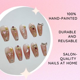 100% Hand-painted Cute Galaxy Anime Medium Length Square Y2K Korean Japanese Douyin Inspired 3D Short Gemstones Durable Reusable Gel Acrylic Press-on Nails 10 pc set (M)