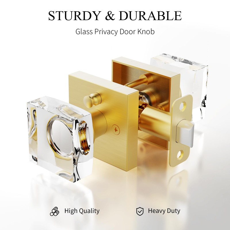 Brushed Gold Door Knob Privacy Crystal Glass Interior Lock, Satin
