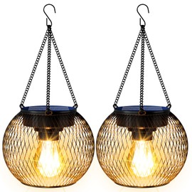 TANCUZO Solar Lanterns Outdoor Waterproof 2 Pack, 13.45" Metal Solar Hanging Lights with Hooks & Auto On/Off, Brighter Warm Outdoor Hanging Lantern Lighting for Porch Garden Yard Pathway Decor