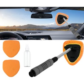 Windshield Cleaning Tool with Reusable Microfiber Pads Glass Wiper Kit, Extendable Handle Car Window Cleaner (1, Orange)