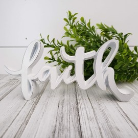 Birch & Bliss – Faith – Small Distressed White Tabletop Script Word Decor (6.75in x 3in) Modern Farmhouse Resin Standing Words | Mom Family Women Inspirational | Wedding - Spring Decor