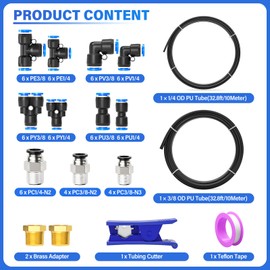 TAILONZ PNEUMATIC Black 1/4''OD 3/8''OD 10 Meter 32.8ft PU Polyurethane Air Tubing Kit Pipe Hose Air Line Tubing Air Hose Fittings Push to Connect Fittings(68PCS)