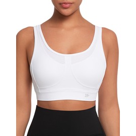 Yvette Adjustable Sports Bra, Strong Hold with Hooks and Eyelets, Non-Wired Fitness Running Bra, White, XL large sizes
