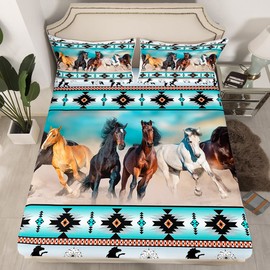 Erosebridal Aztec Sheet Set African Tribal Horse Printed Bed Sheets,Farm Animals Fitted Ethnic Tribe Arrow Dream Catcher Top Queen,Southwest Native Exotic Nordic Style Room Decor, Multicolor
