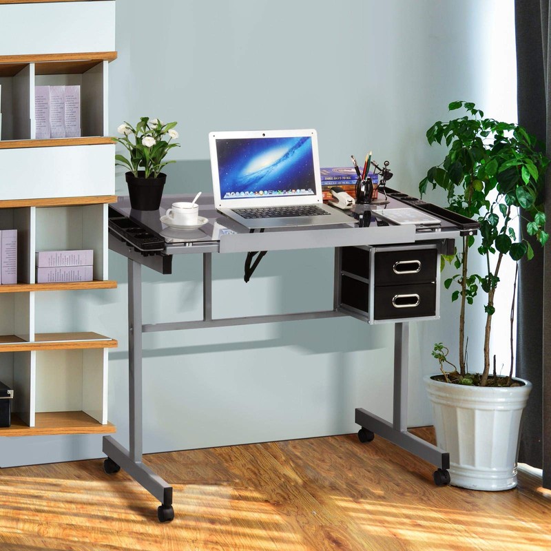 Yaheetech Drawing Desk Adjustable Glass Drafting Study Table for Diamond/Versatile