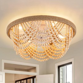 Bella Depot 20" Boho Caged Ceiling Fan with Light, Flush Mount Wood Beaded Fandelier Chandelier Fan, 6 Speeds Reversible Bladeless Ceiling Fan for Bedroom Kids Room Kitchen