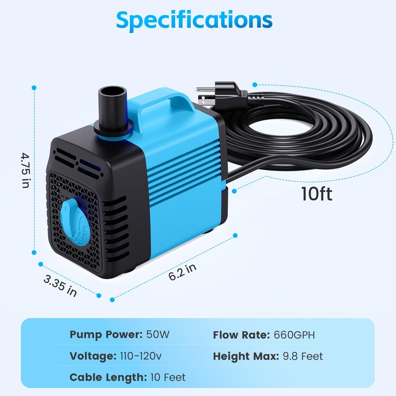 Fountain Submersible Water Pump: 50W Small Sump Pump for Outdoor