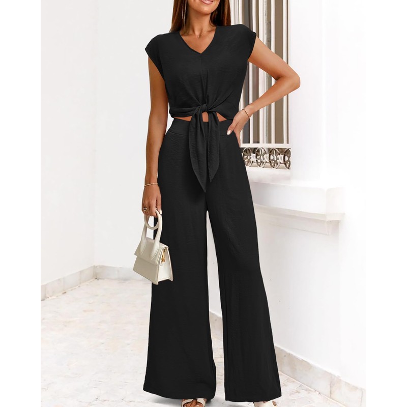 PRETTYGARDEN Women's Summer 2 Piece Outfits 2025 Cap Sleeve V