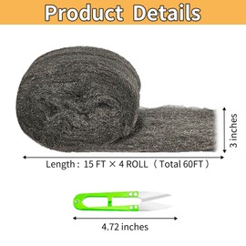 Steel Wool for Mice Control - 4 Pack of 1 x 15FT Steel Wool with Scissors,0000 Steel Wool Fiber Fill Roll for Gap Filter Blocker Coarse Wire Hardware - Vents in Garden, House, 21.16oz