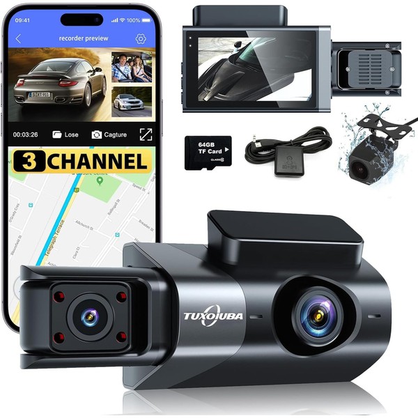 TUXOIUBA A6 Triple Lens Dash Camera - 2K Front, 1080P