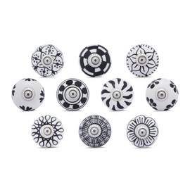 ETHNICITI 10 x Round Black & White Handmade Ceramic Door Knobs Cupboards Drawers Cabinets Wardrobe Assorted Vintage Shabby Chic Kitchen Bedroom Living Room Furniture Dressers Pulls Handles Home Decor