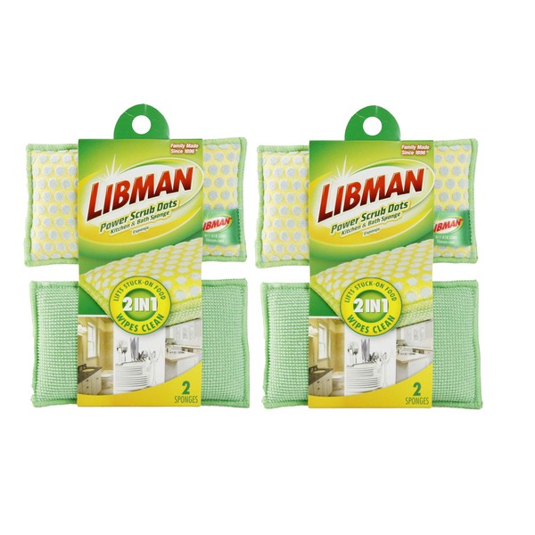 Libman 336 Power Scrub Dots - Esponja de cocina y baño (2 unidades, 4 esponjas)