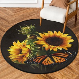 Butterfly Sunflower Round Area Rug, Sunflower Pattern Non-Slip Circle Rug for Bedroom Living Room Outdoor Study Playing Floor Mat Carpet, 3' Diameter