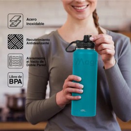 Magma Life Termo para Café y Agua de Acero Inoxidable 40 Oz (1200 ml): Contiene 3 Tapas para Diferentes tipos de Bebidas, Ideal para Mantener la Temperatura Deseada (Azul Petróleo)