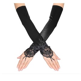 SUNTRADE Women's Lace Satin Bridal Party Fingerless Gloves Sequins Elegant, black