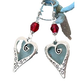Silver Etched Heart with Opalescent Red Crystal Earrings Love Romance. Jewelry Earrings for Women #3298FE3867