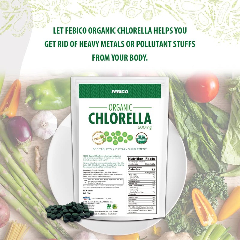 FEBICO Chlorella Tablets 500mg, 500ct, 83 Days - USDA Organic,