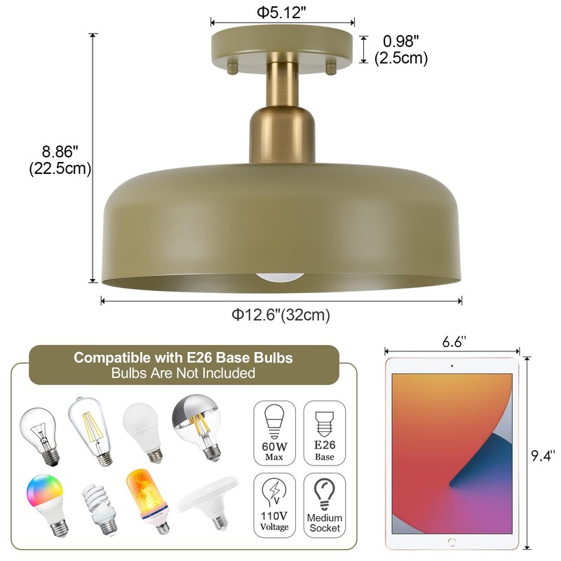 Modern Semi Flush Mount Ceiling Light Fixture, 12.6" Metal Shade