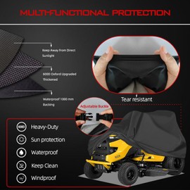 OWEEIO Lawn Mower Cover, Heavy Duty 600D Oxford, Waterproof Outdoor, Weather Resistant, Rip-Proof, Anti-UV, Raing-proof, Sun Block, Heatresistant with 1 Windproof Strap, 1 Storage Bag (Riding)