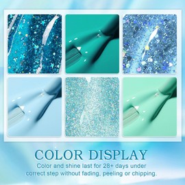 YSUVIN Semi-Permanent Nail Polish, 6 Colors Cyan Green Blue Glitter Green Semi-Permanent Nail Polish, Soak Off UV/LED Lamp Nail Art Gel Nail Set, 8ml