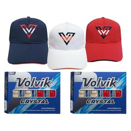Volvik Crystal 3-Piece Premium Color Golf Balls 2 Dozen (Mixed Color 24 Balls) Bundle with 3 Color V-Logo Hats (White, Navy, Red)