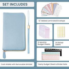 Cash Envelope Wallet Azure All in One Budget System with 12x Tabbed Cash Envelopes, 12x Monthly Budget Cards,1x Yearly budget planner sheet Complete Money Organizer Set for Cash