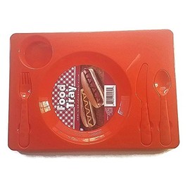 Multipack - Set of 2 Children's Compartment Food Trays with Flatware - Red/Teal