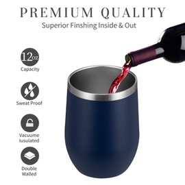 MEWAY Stemless 12oz Wine Tumbler Glasses with Lid -Insulated Double Wall Vacuum Stainless Steel Travel Tumbler with Straw,for Woman Under 10 dollars (Navy,1)