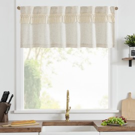 jinchan Boho Valance with Tassels Linen Kitchen Valance Curtain for Windows 18 Inch Length Beige Farmhouse Rustic Valance for Living Room Laundry RV Light Filtering Back Tab Valance 1 Panel Crude