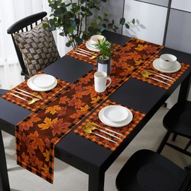 LaBLUUX Table Runner with Placemats Set of 6, Fall Maple Leaves Buffalo Orange Plaid Cotton Linen Table Mats Sets, Placemats with Matching Table Runner for Dining Table, Kitchen, 70” x 13”