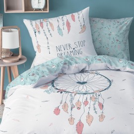 Matt&Rose Dreamcatcher Girls’ Bed Linen Set in Bohemian Style with Flowers and Feathers / Pillowcase (80 x 80 cm) + Duvet Cover (135 x 200 cm) / 100% Cotton